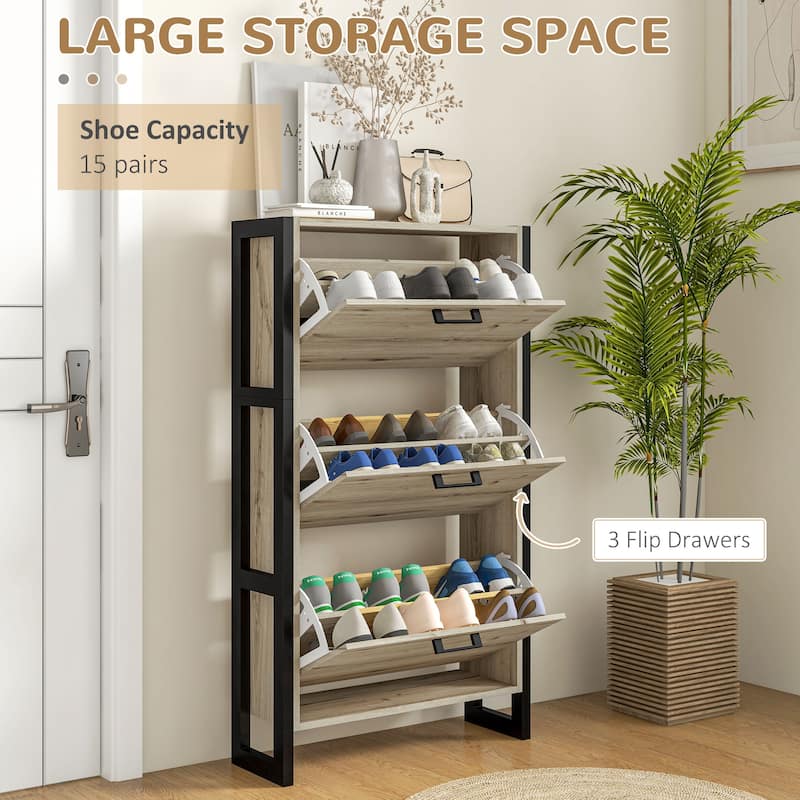 Walnut and Black Shoe Cabinet with 3 Flip Down Drawers Adjustable Shelves Anti Tipping Space Saving Storage Organizer