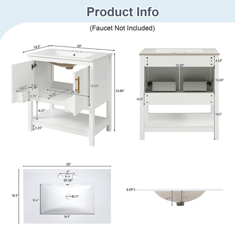 30-Inch Bathroom Vanity with Ceramic Sink and Versatile Storage