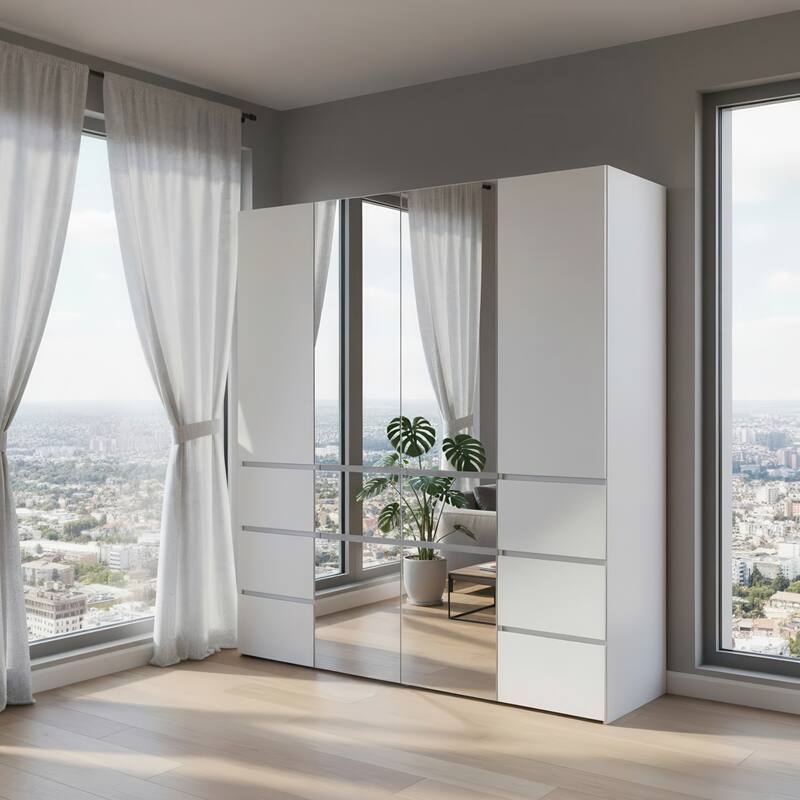Elise Modular Wood Closet System with Mirror in White - 62.8"D x 17.72"W x 70.9"H