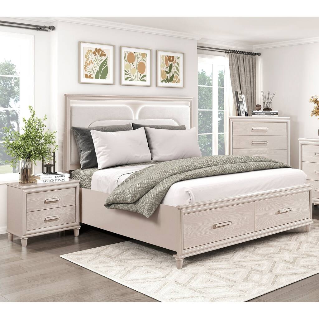 3pc Bedroom Set LED Upholstered Bed Chest Nightstand Wooden Furniture