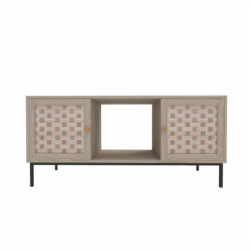 Bohemian-Style Coffee Table with Woven Design, Featuring 4 Sliding Doors and Storage Cabinets, for Living Room