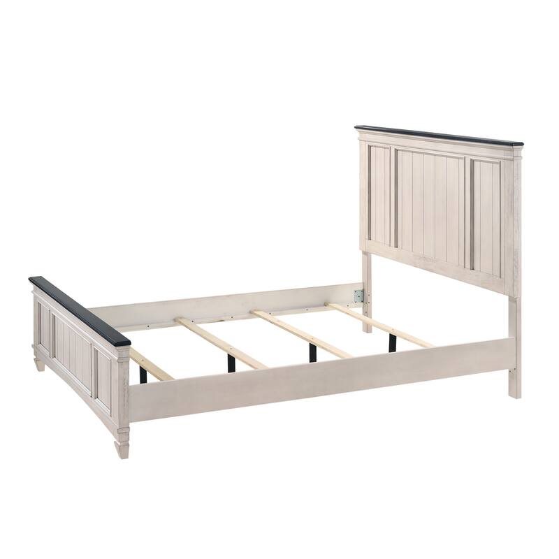 Queen Size Wood Panel Bed with Built-in Bench Footboard and Rustic Industrial Style