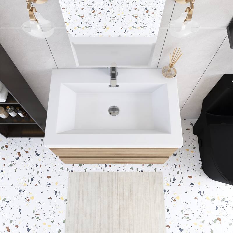 Angela Wall Mounted Bathroom Vanity in F. Oak with White Cultured Marble Top