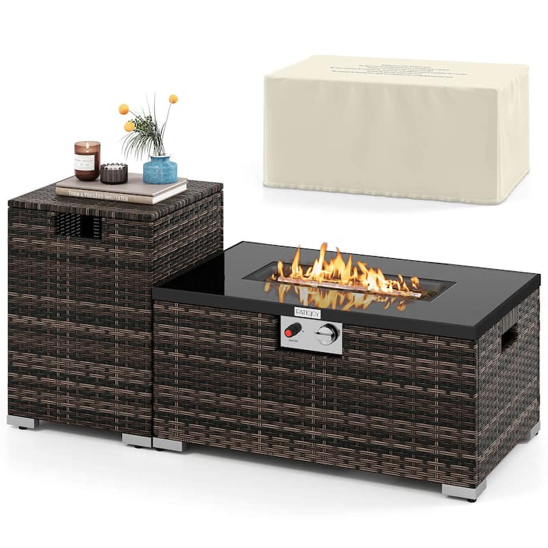 Costway 2 PCS Outdoor Rattan Fire Table Set with Tank Cover Tempered - See Details - Brown