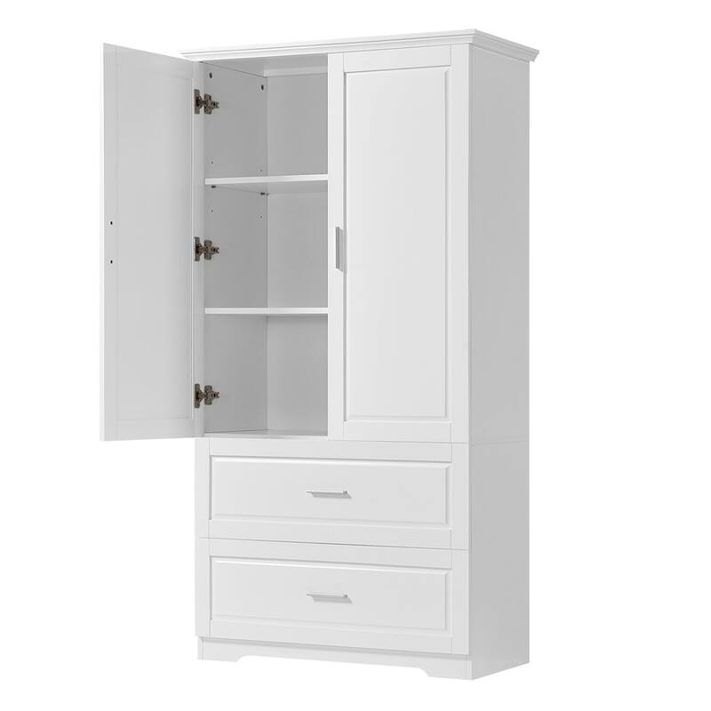 63" Tall Wood 2-door Bathroom Cabinet in White with Adjustable Shelf