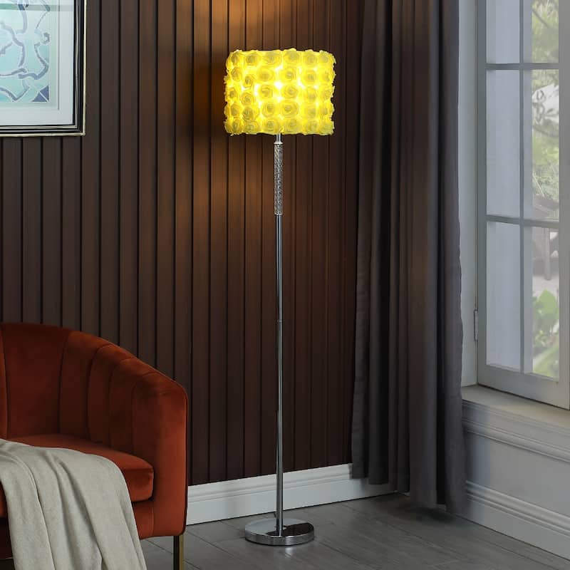 Silver Steel Novelty Floor Lamp with Rose Drum Shade and In Line Switch - 14” x 14” x 63” (D x W x H)