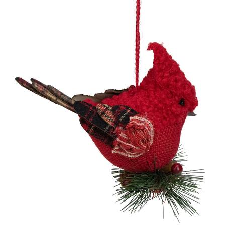 6.5" Red Burlap Cardinal with Pine Needles and Berries Christmas Ornament