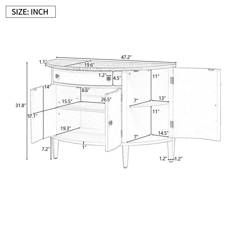 Modern Curved Design Storage Cabinet with MDF, Fir, and Pine, Adjustable Shelves, 4 Doors & Drawer for Living Room or Hallway