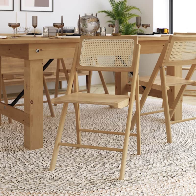 Folding Armless Cane Rattan Chairs with Breathable Woven Backrests - 2 Pack - Natural