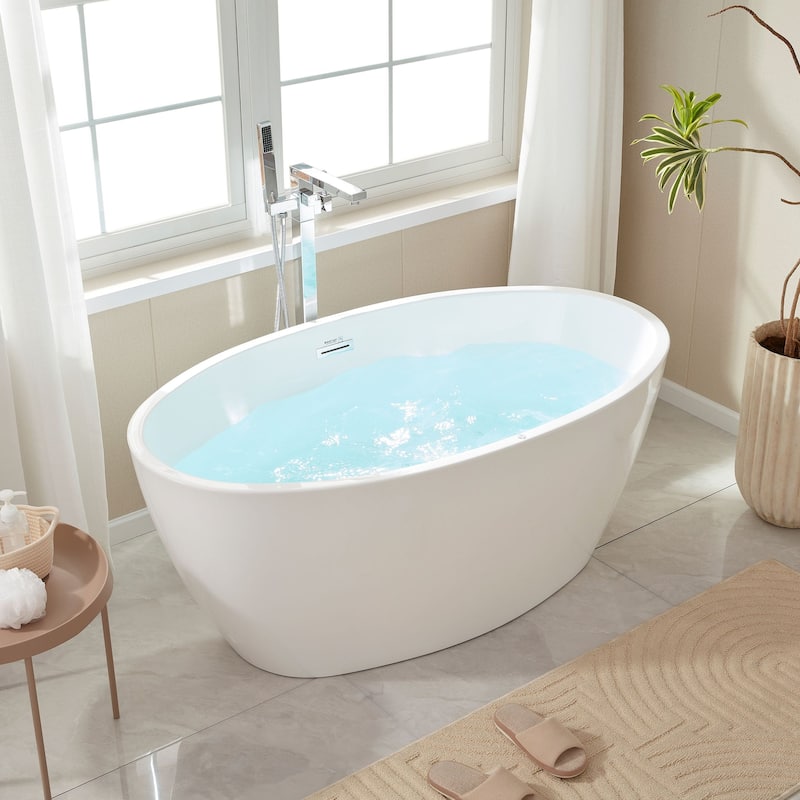 Vanity Art 55" Freestanding Acrylic Soaking Bathtub with Slotted Overflow & Pop-up Drain