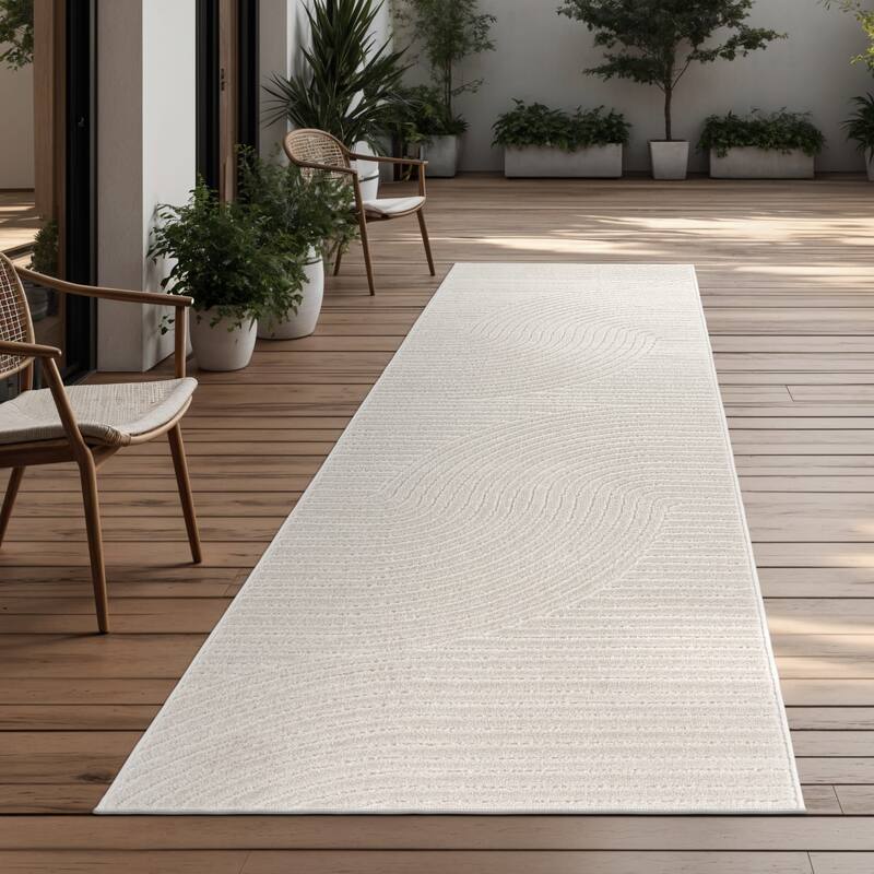 Minimalist In- & Outdoor Rug Boho with Curved Line Pattern in Silver Cream - Silver Cream - 2'8" x 8'2"