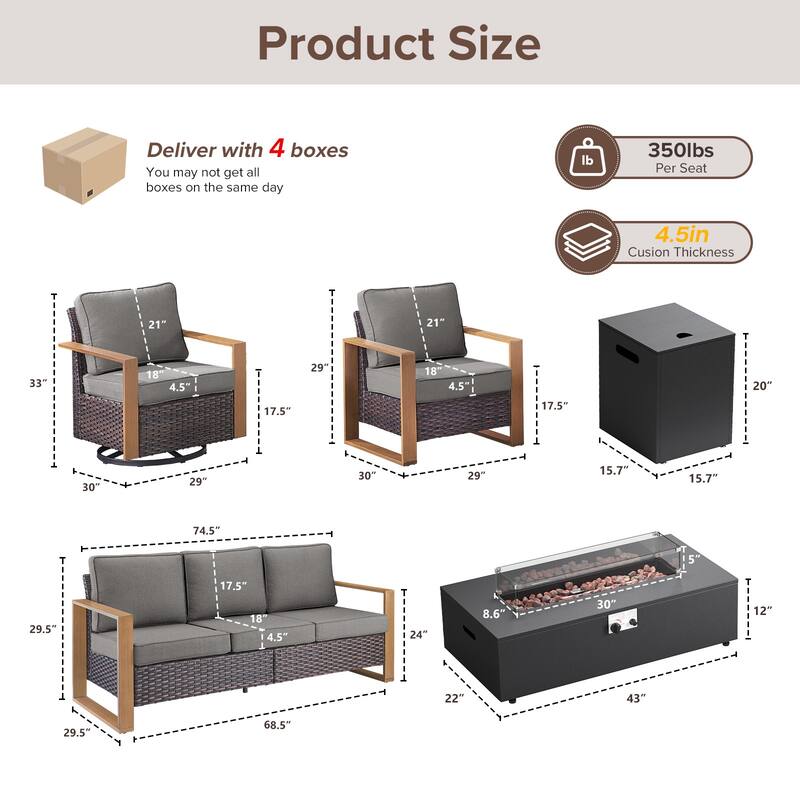 Meyreso Wicker Outdoor Patio Fire Pit Set with Swivel Gliders and 4.5-Inch Olefin Cushions