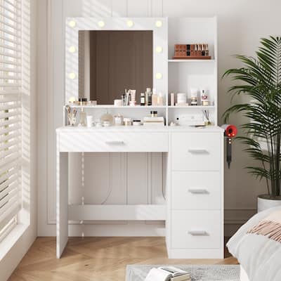 Furniwell Make up Vanity Desk with Lights and Mirror Makeup Vanity Table Set with Drawer and Power Outlet