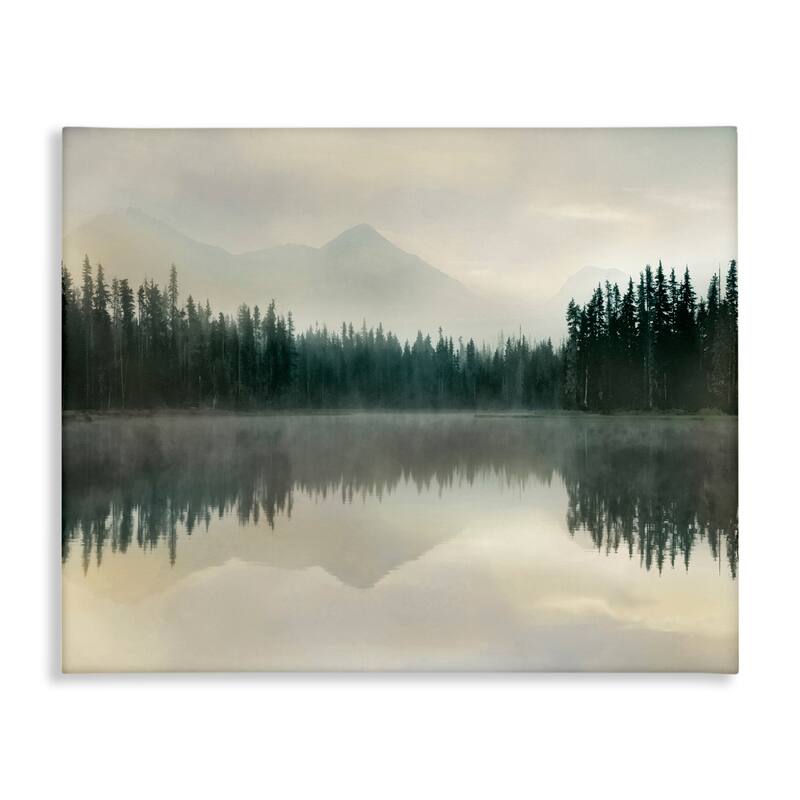 Stupell Foggy Lake Forest Landscape Soft Nature Water Reflection Canvas Wall Art - Green - 20 x 16
