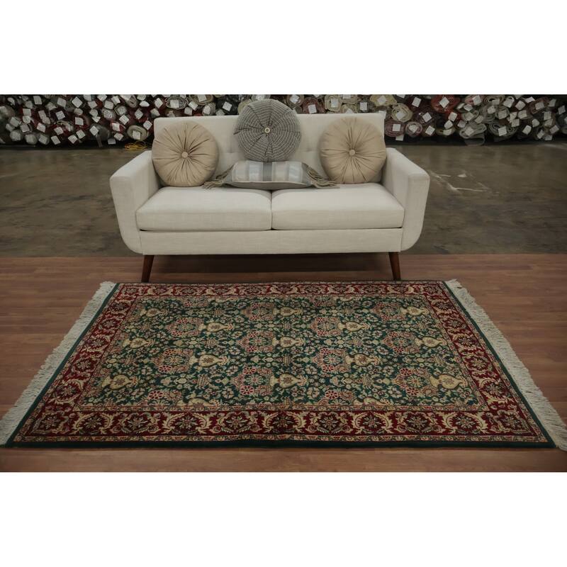 Hand Knotted Oriental 100% Wool Carpet Traditional Floral Green Agra Area Rug - 6' 2'' X 4' 1''