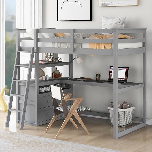 slide 2 of 16, Sturdy Solid Pine Wood FrameTwin Size Loft Bed with Desk and Shelves, Two Built-in Drawers Brown