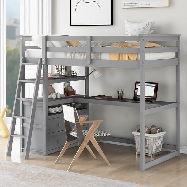 slide 2 of 29, Twin Size Loft Bed with Desk and Shelves, Two Built-in Drawers