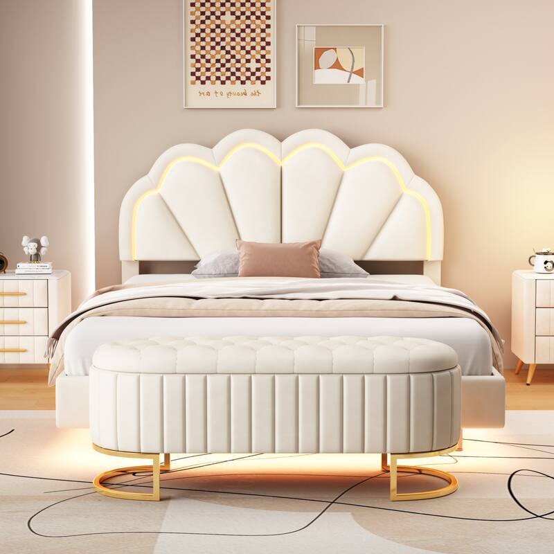 2-Pieces Bedroom Sets Full LED Platform Bed with Storage Ottoman