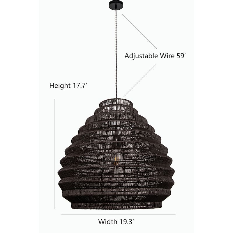 Modern Rattan Wicker Large Black Boho Pendant Light - 19" Wide