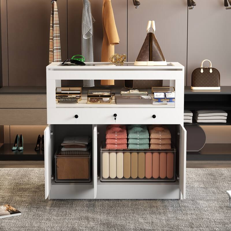 White Display and Storage Cabinet with Tempered Glass Home and Office - 39.4"