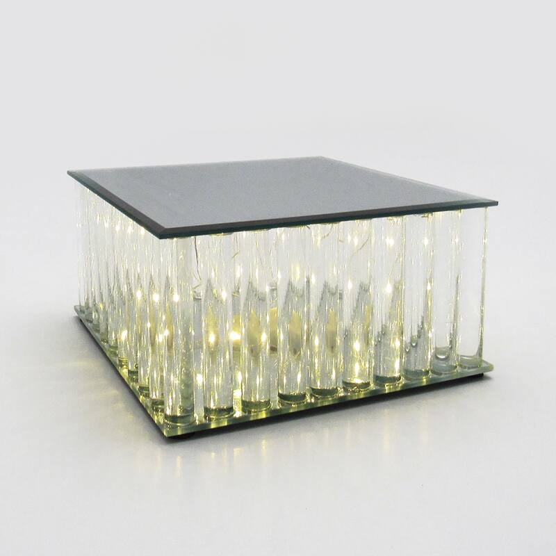 Square Mirror LED Fairy Light Up Glass Columns Cake Stand Dessert Display Tray Riser - 8" W x 8" DP x 4" H - Clear