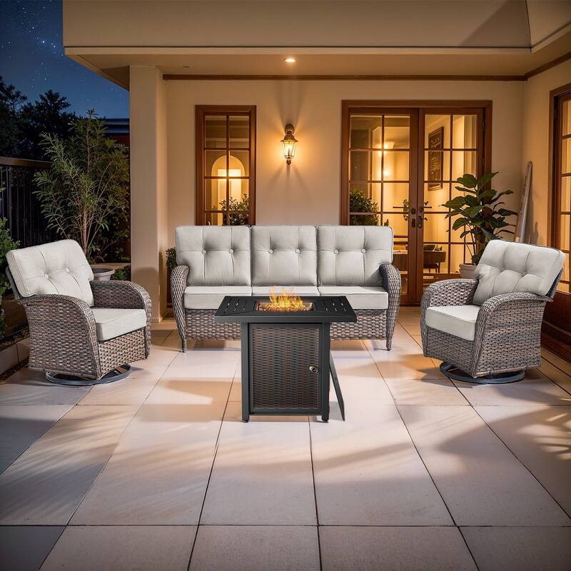 Pocassy Outdoor 30 In Fire Table with Sofa Swivel Chair Set - Brown Wicker Beige Cushion - 6-Piece Sofa Swivel Chair with Fire Pit Table