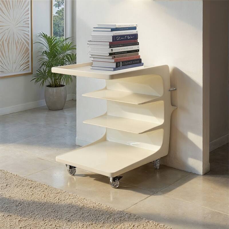 Plastic Cart on Casters with 3 Shelves, Book Ledge and Bar - 20.88"L x 15.75"W x 21.63"H - Cream;Chrome