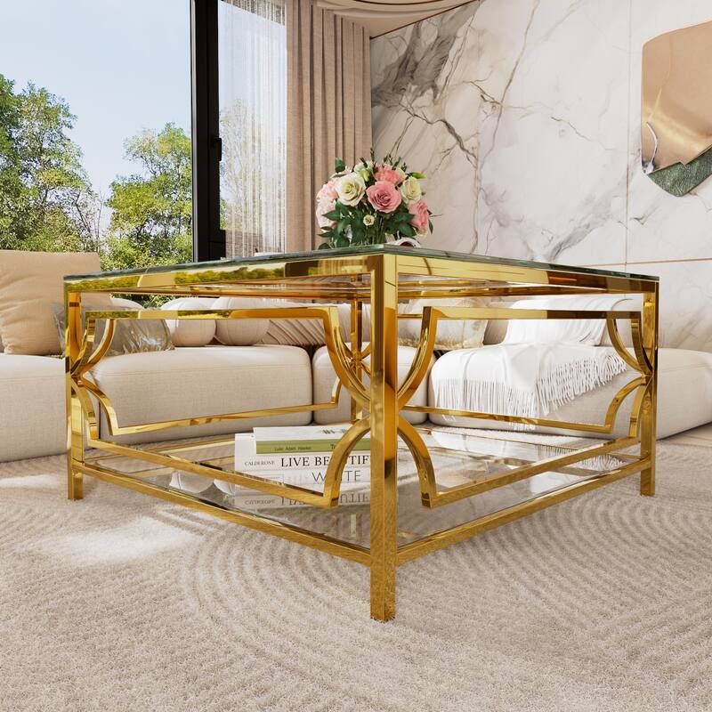 Square Glass Coffee Table in 33.5",Luxurious Geometric Metal Frame,Gold Finish & Lower Shelf