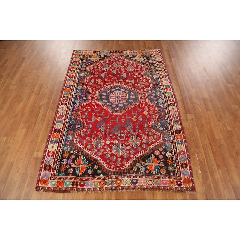 Hand Knotted Oriental 100% Wool Carpet Traditional Tribal Red Shiraz Area Rug - 6' 3'' X 4' 5''