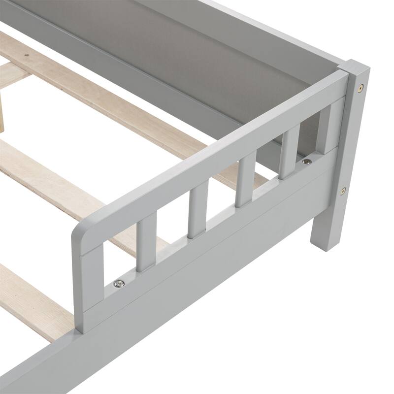 Full Size Pine Bed w/ Bookcase Headboard ,LED Sensor Light, Guardrails