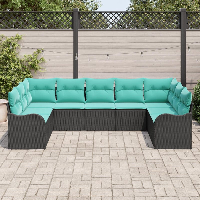 vidaXL 9 Garden Sofa Set with Cushions Black Poly Rattan - 113.8 x 69.9 x 27.2