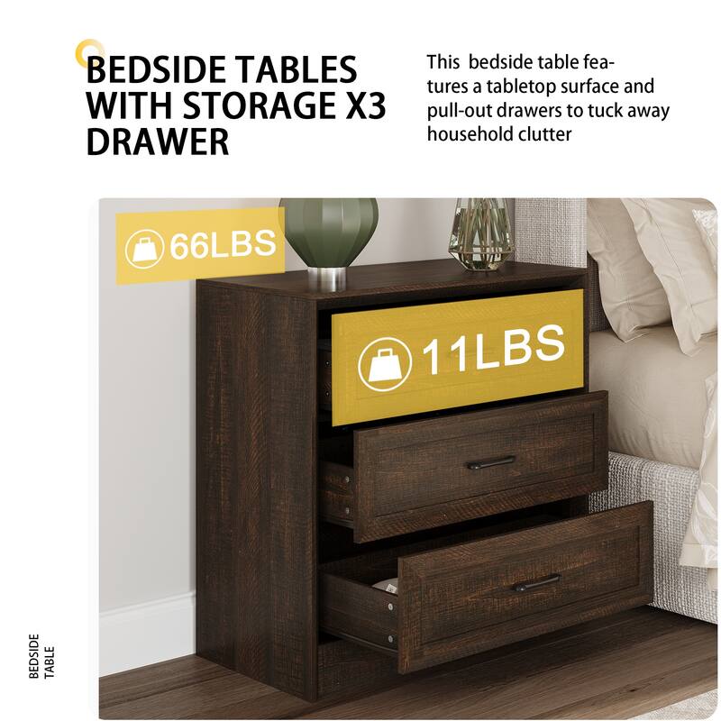 Modern 3-Drawer Wood Dresser for Bedroom, Wide Storage Chest with Metal Handles, Nightstand Cabinet