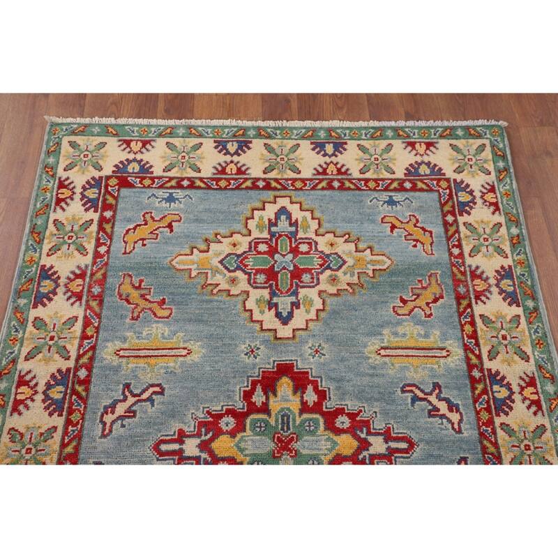 Light Blue Geometric Kazak Accent Rug Handmade Wool Carpet - 3'4" x 4'9"