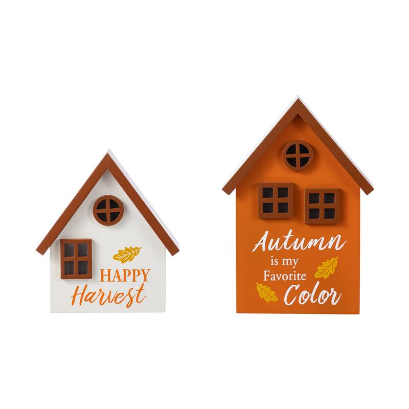 Glitzhome 8"H Set of 2 Lighted Fall Wooden House-shaped Table Decor