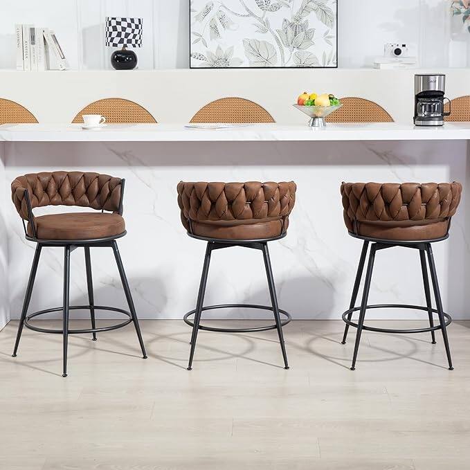 XINMICS 360° Swivel Bar Stools, 24 Inches Modern Counter Height Bar Stools with Woven Back, Upholstered Suede Tall Barstools