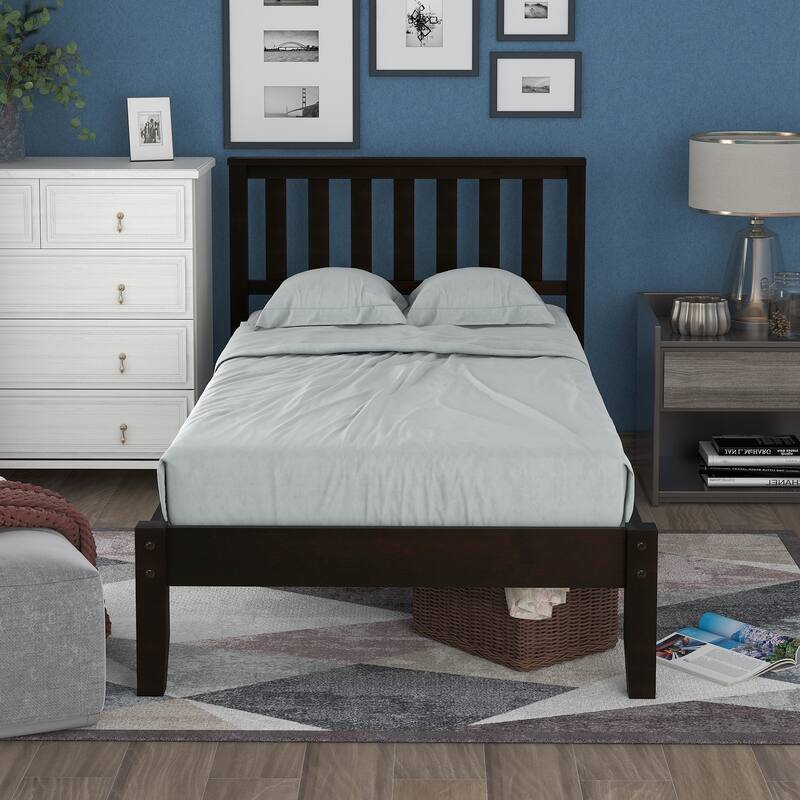 Twin Size Wood Platform Bed with Headboard and Wooden Slat Support