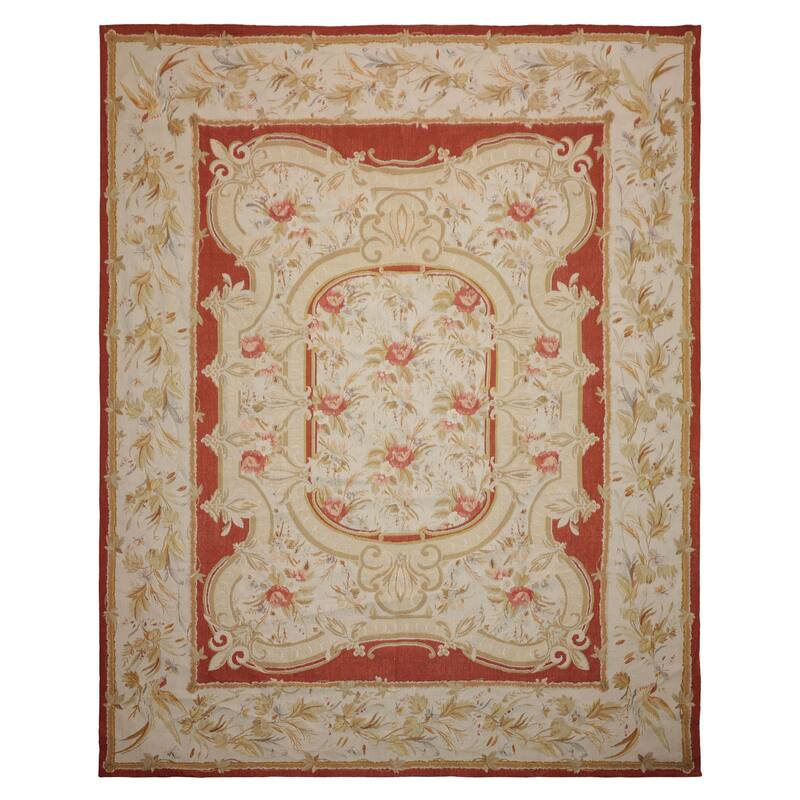 8x10'2'' Hand Woven Wool Ivory Aubusson Needlepoint Rare Floral Rug - 8' x 10' 2'' - 8'  x 10' 2''