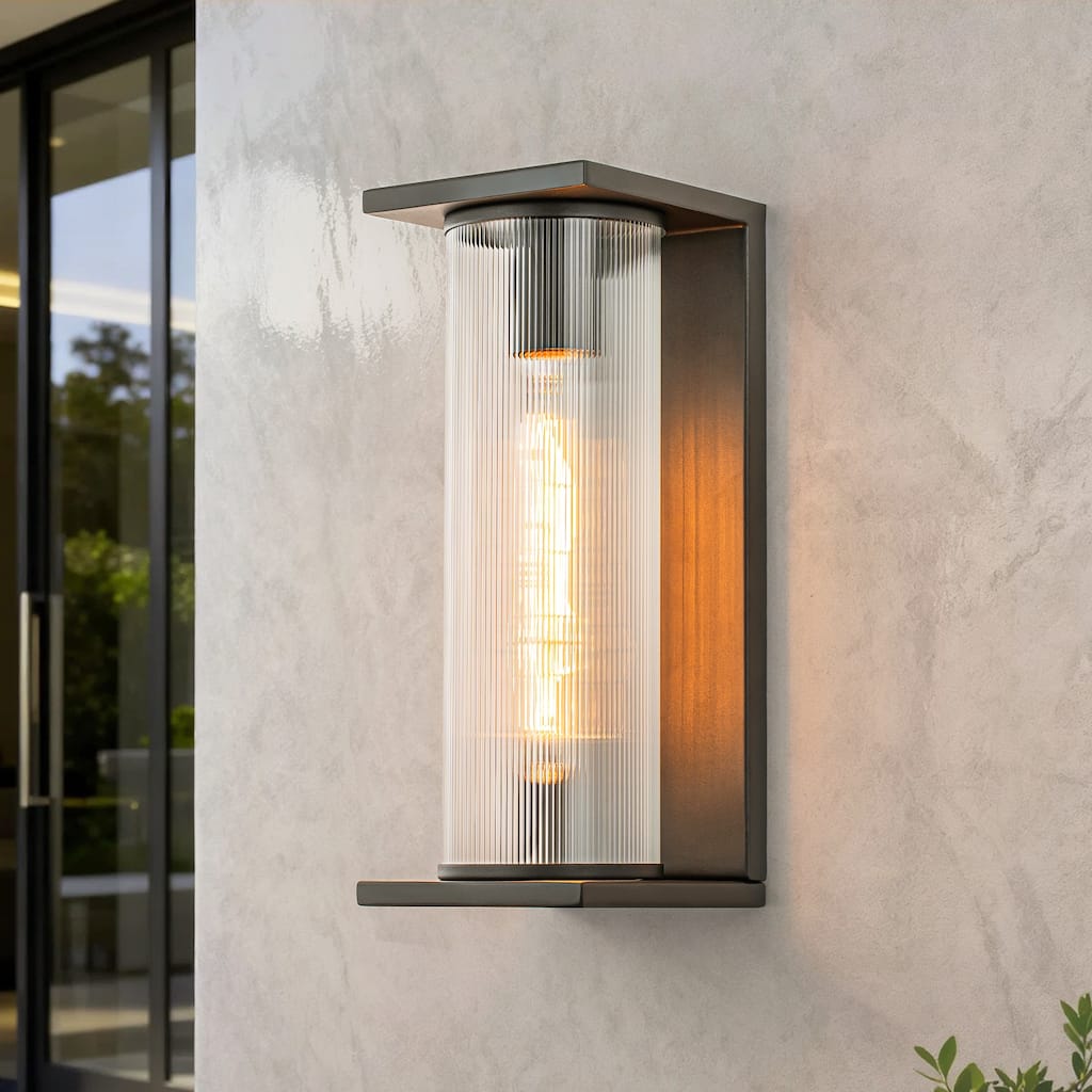 Rennnsan 1-Light Modern Black Outdoor Wall Lantern with Clear Ribbed Glass and Matte Black Finish