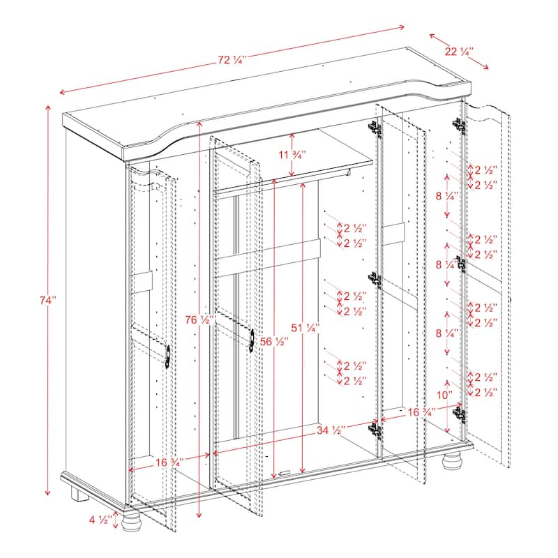 100% Solid Wood Wardrobe Armoire, 4-Door Closet Storage Cabinet, Kyle Collection, Palace Imports