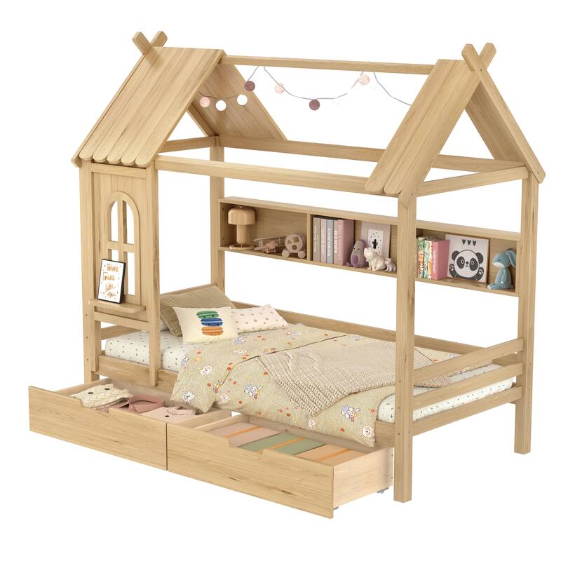 Twin house Beds with Storage Drawers and Window, Solid Wood House Platform Bed Frame with shelves