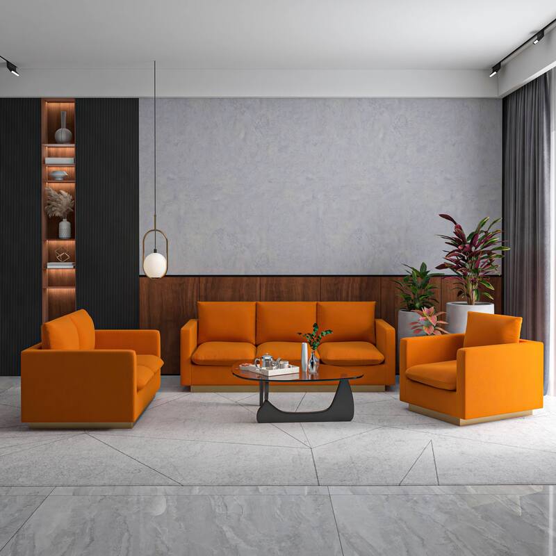 3-Piece Velvet Sofa Set with Brushed Gold Stainless Steel Base Nervo Series