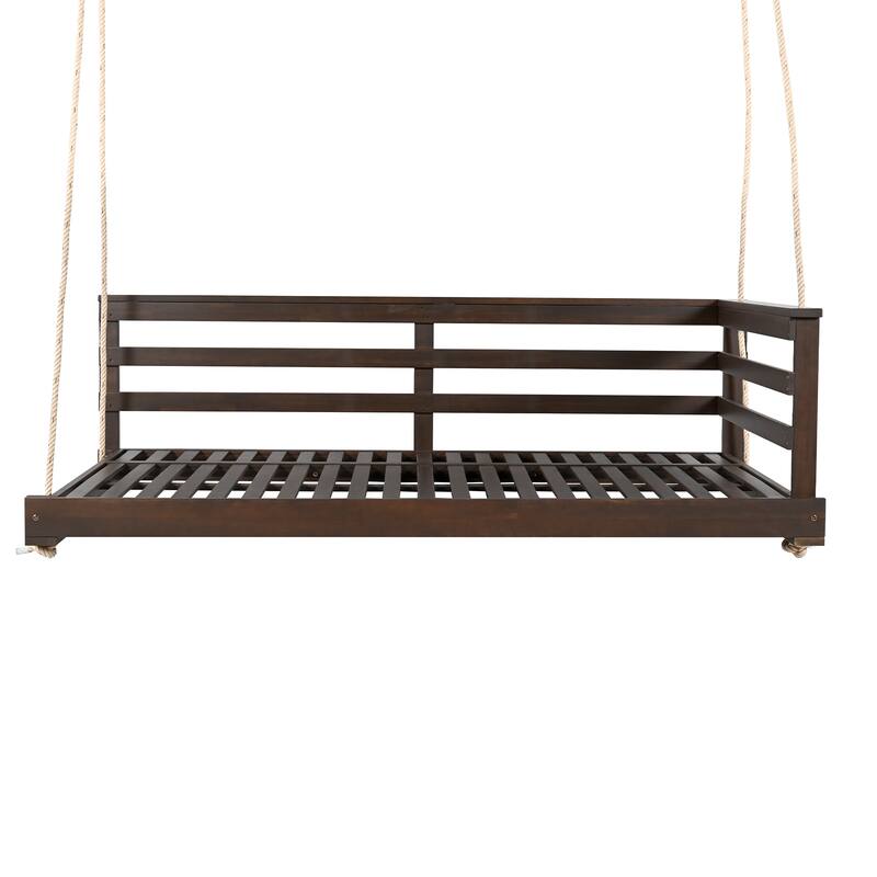 Country Style Acacia Wood Porch Swing Bed,Twin Size Outdoor Daybed with 4x 96" Hemp Ropes,Rustic Patio Hanging Swing for Garden