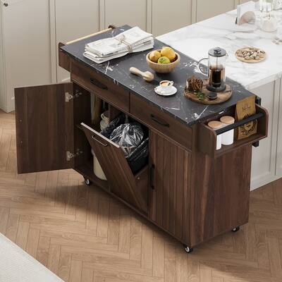 Rolling Kitchen Island with Trash Can Storage Cabinet, Kitchen Cart with Drop Leaf, Spice Rack, Towel Rack and Drawer