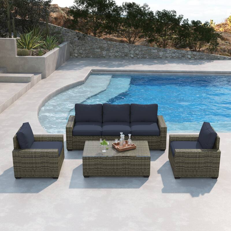 6 Pieces Patio Rattan Conversation Furniture Set with Coffee Table