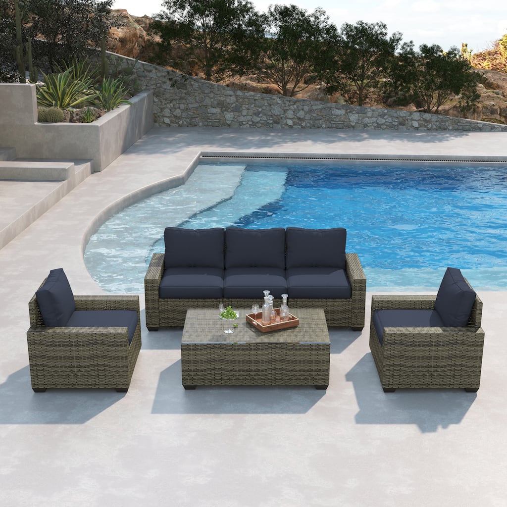 6 Pieces Patio Rattan Conversation Furniture Set with Coffee Table