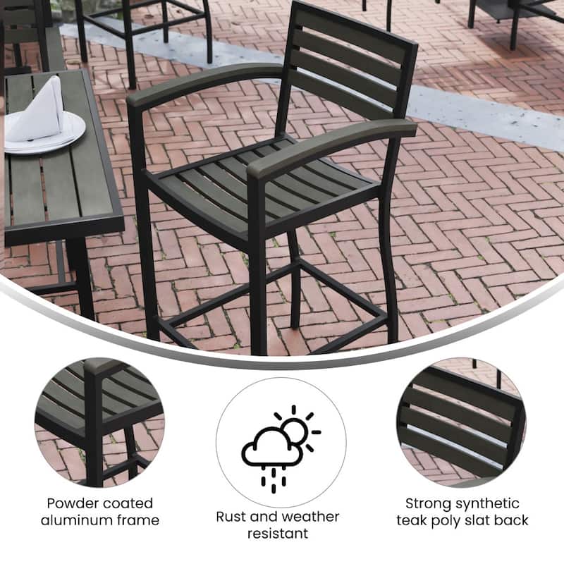 Commercial Grade Outdoor Bar Stool with Armrests and Poly Resin Slats