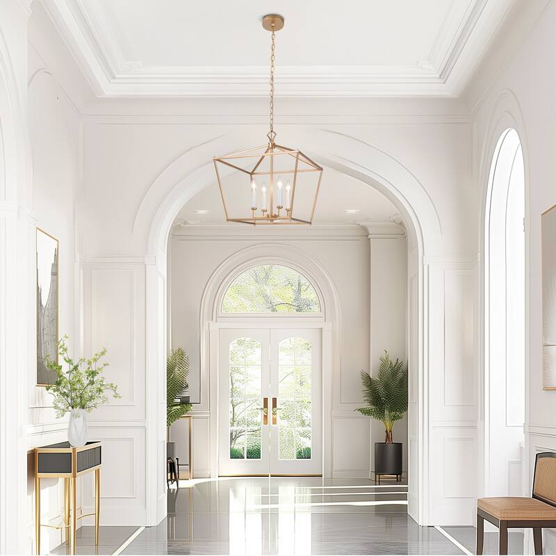 Modern Glam Gold 4-Light Geometric Lantern Cage Chandelier for Foyer - L17.5"*W17.5"*H20"