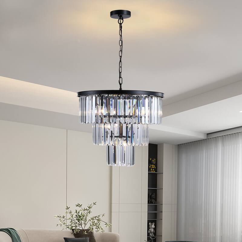 20" Chrome Crystal Chandelier with Adjustable Height, Modern Ceiling Light Fixture for Living Room, Dining Room, Staircase - Black