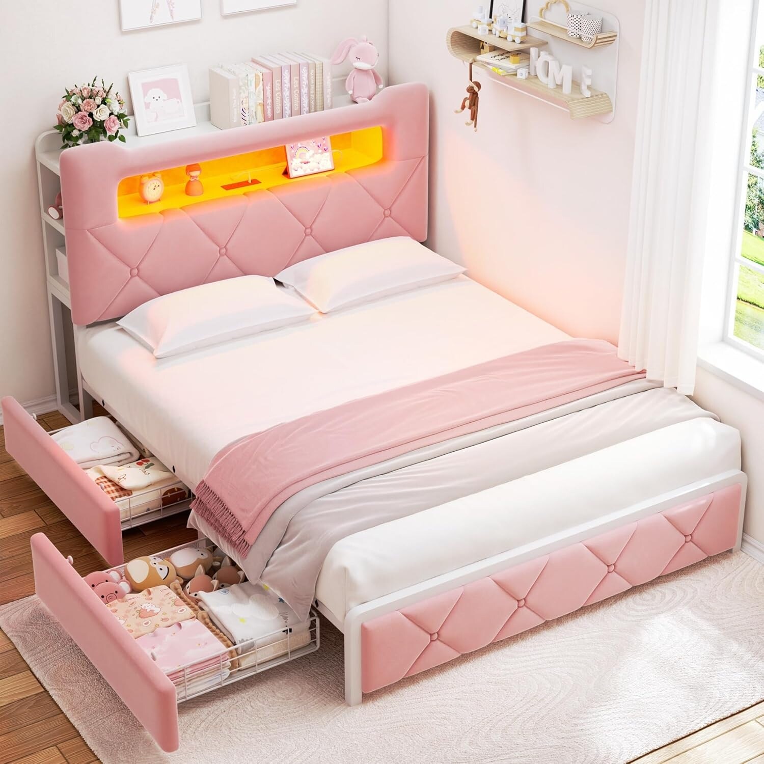 Pink Queen Upholstered LED Bed Frame with Storage Drawers, Charging Station & RGB Lights