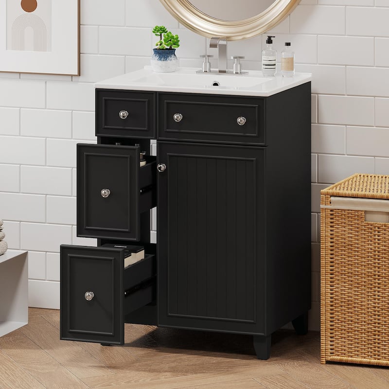24-Inch Bathroom Vanity Cabinet with Ceramic Sink - 2 Drawers and 1 Door - Black
